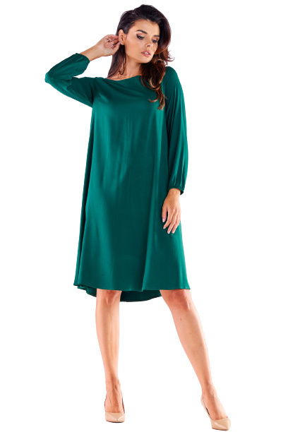 Sukienka trapezowa midi z wiskozy z długim rękawem zielona